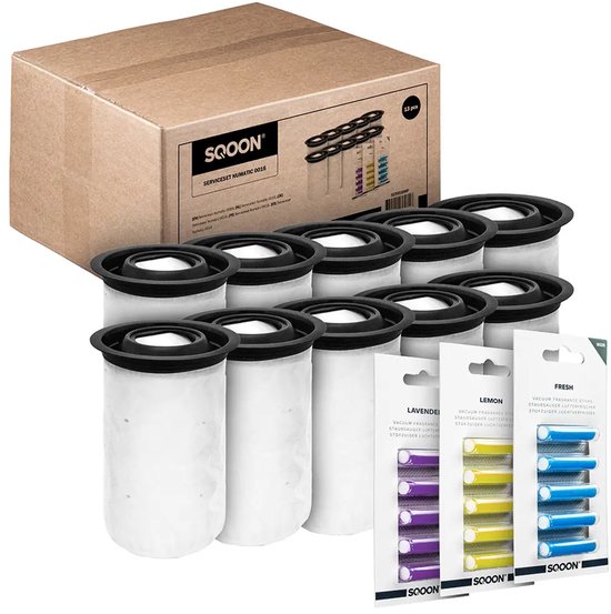 Sacs d'aspirateur SQOON® compatibles avec Numatic PODS Henry Quick / Hetty Quick / NQ Quick – Set de 10 Sacs d'aspirateur équivalents aux références 915744 et 915269 + 15 bâtonnets parfumés
