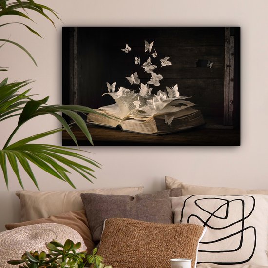 Peinture sur toile - Vintage - Boek - Papier - Papillon - Photo sur toile - Décoration murale - 60x40 cm - Canvasdoek - Tableaux abstraits