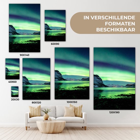 Canvas schilderij - Noorderlicht meer 60x90 - Aurora kamer decoratie accessoires - Schilderijen landschappen woonkamer - Wanddecoratie slaapkamer - Muurdecoratie keuken - Wanddoek interieur binnen - Northern lights woondecoratie huis