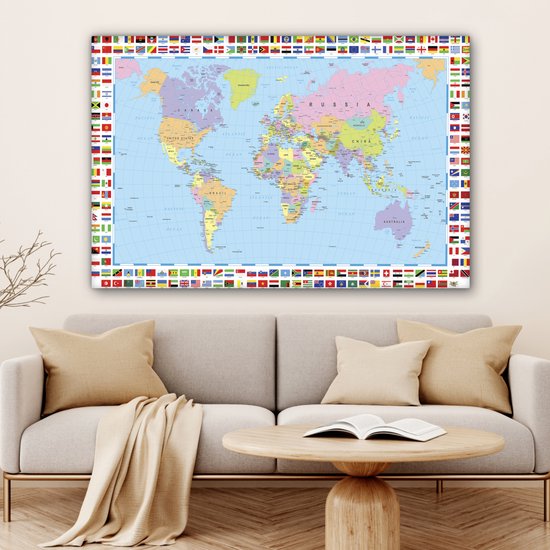 Peintures Toile Wereldkaart - Drapeau - Atlas - 120x80 cm - Décoration murale