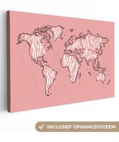 Peintures Toile Wereldkaart - Rose - Lettres - 120x80 cm - Décoration murale