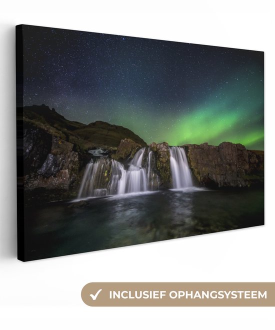 Peinture sur toile - Ciel étoilé - Cascade - Aurores boréales - Rochers - Paysage - Décoration murale - Toile - 120x80 cm - Toile