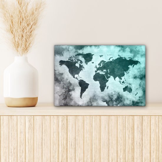 Wereldkaart avec peinture bleu clair et grise sur fond avec motif texturé 30x20 cm