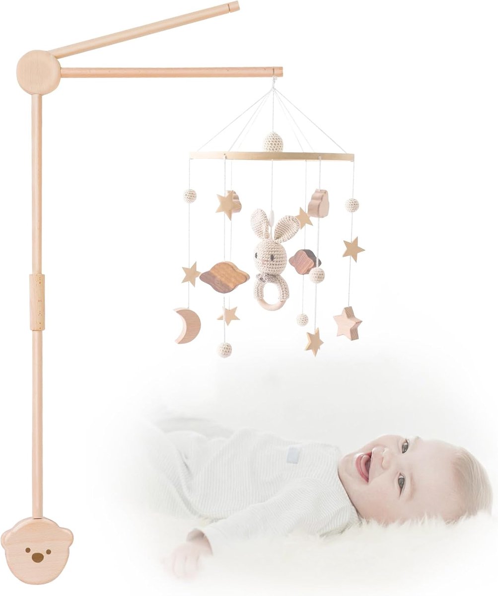Houten mobiele houder voor babybed met schattig berenontwerp, 360 graden draaibaar, verstelbaar en afneembaar