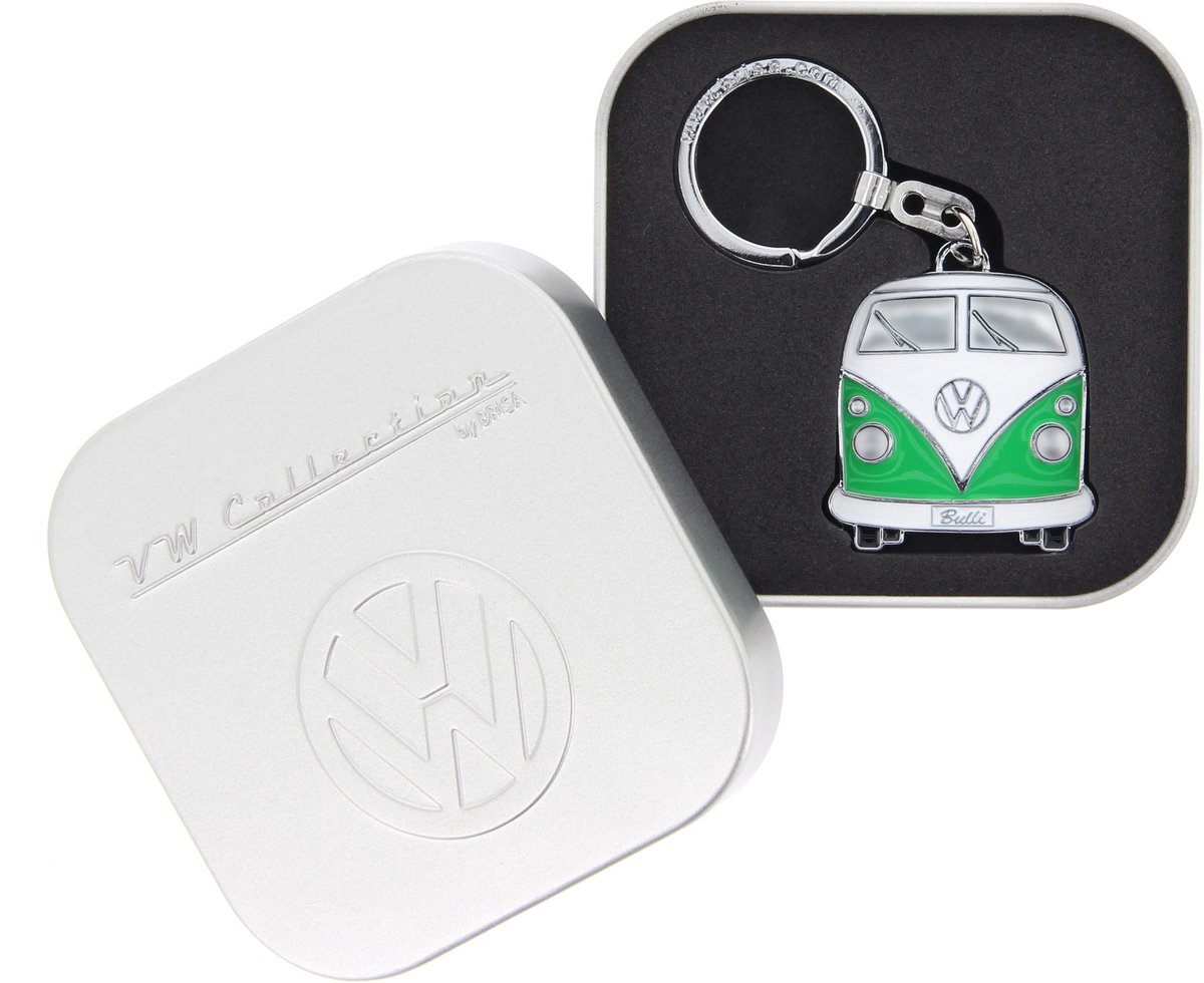 BRISA VW Collection - Volkswagen geëmailleerde metalen sleutelhanger-ring sleutelaccessoire in T1 Bulli Bus-design (voorkant/groen)
