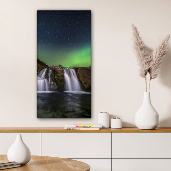 Tableau sur Toile Aurores Boréales - Cascade - Islande - 40x80 cm - Décoration murale