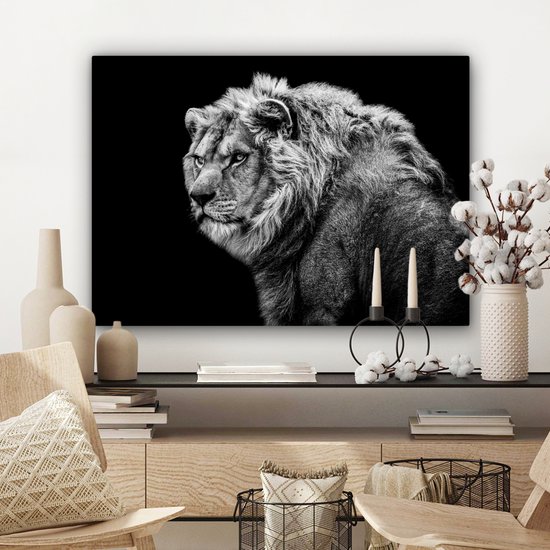 Tableau sur toile - Animaux sauvages - Lion - Zwart - Wit - Décoration murale - Toile - 80x60 cm - Toile canvas - Salon