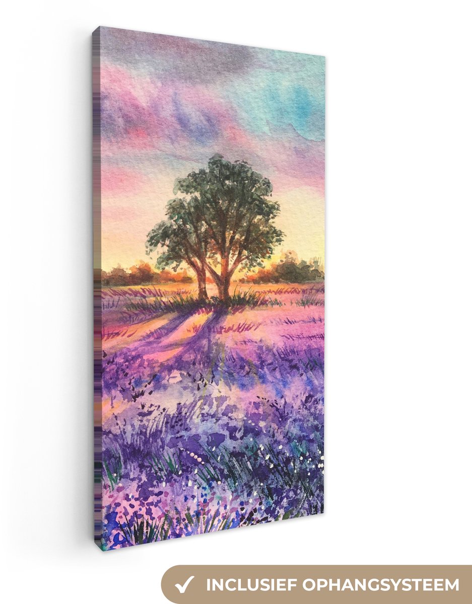 Canvas - Schilderij - Lavendel - Verf - Bloemen - Vogel - Bomen - Schilderijen op canvas - 20x40 cm - Foto op canvas - Wanddecoratie