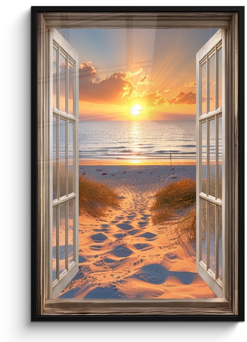 FrameYourWall Poster in lijst - Fotolijst 80x120 cm - Posters - Doorkijk - Strand - Duinen - Zonsondergang - Posterlijst zwart - Decoratie - Wanddecoratie woonkamer - Muurdecoratie slaapkamer Zonsondergang - Duinen