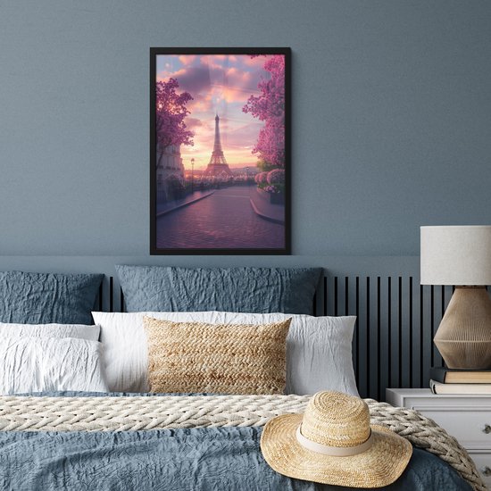 Poster in lijst - Fotolijst 40x60 cm - Posters - Eiffeltoren - Parijs - Roze - Posterlijst zwart - Decoratie - Wanddecoratie woonkamer - Muurdecoratie slaapkamer