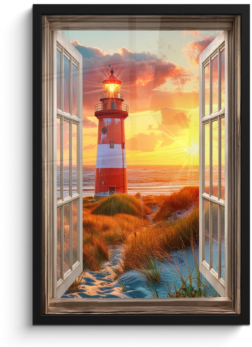 FrameYourWall Poster in lijst - Fotolijst 40x60 cm - Posters - Doorkijk - Raam - Vuurtoren - Zonsondergang - Strand - Posterlijst zwart - Decoratie - Wanddecoratie woonkamer - Muurdecoratie slaapkamer Zonsondergang - Vuurtoren