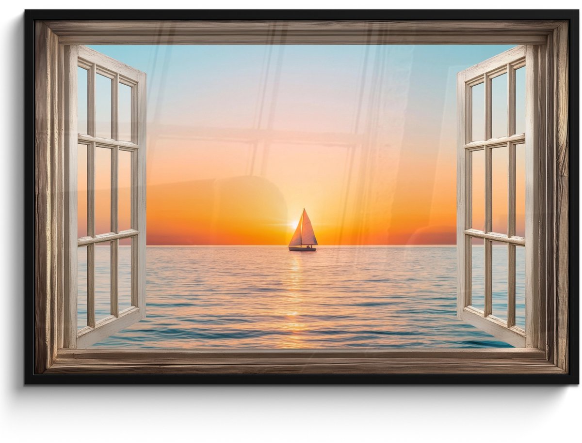 FrameYourWall Poster in lijst - Fotolijst 120x80 cm - Posters - Doorkijk - Zee - Boot - Zonsondergang - Posterlijst zwart - Decoratie - Wanddecoratie woonkamer - Muurdecoratie slaapkamer Zonsondergang - Boot