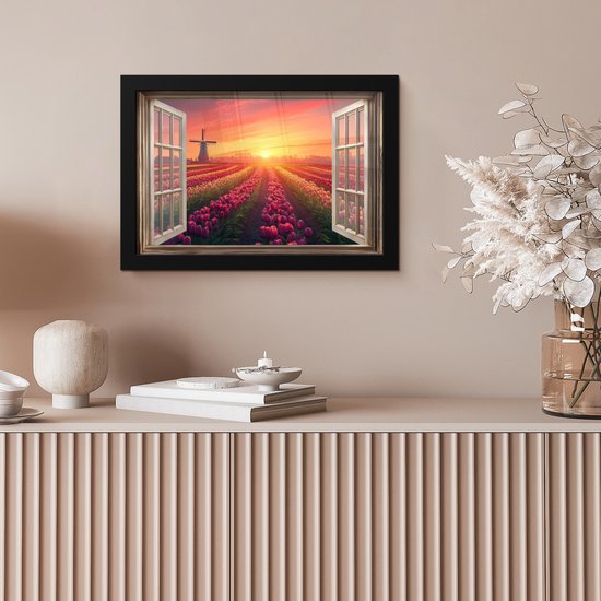 Poster in lijst - Fotolijst 30x20 cm - Posters - Doorkijk - Tulpen - Zonsondergang - Bloemen - Kleurrijk - Posterlijst zwart - Decoratie - Wanddecoratie woonkamer - Muurdecoratie slaapkamer