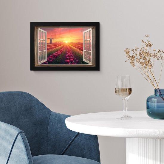 Poster in lijst - Fotolijst 30x20 cm - Posters - Doorkijk - Tulpen - Zonsondergang - Bloemen - Kleurrijk - Posterlijst zwart - Decoratie - Wanddecoratie woonkamer - Muurdecoratie slaapkamer