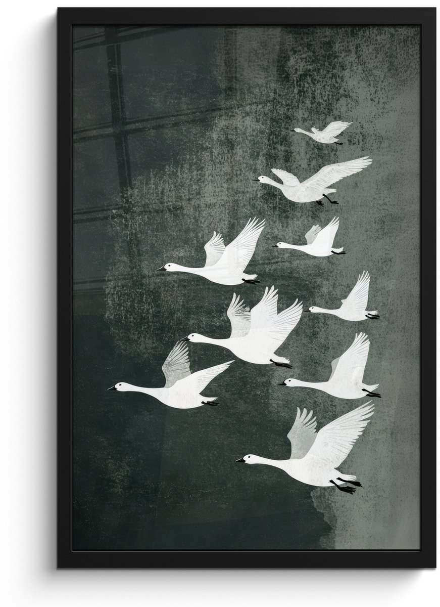 FrameYourWall Poster in lijst - Fotolijst 40x60 cm - Posters - Vogel - Japandi - Groen - Posterlijst zwart - Decoratie - Wanddecoratie woonkamer - Muurdecoratie slaapkamer Vogels