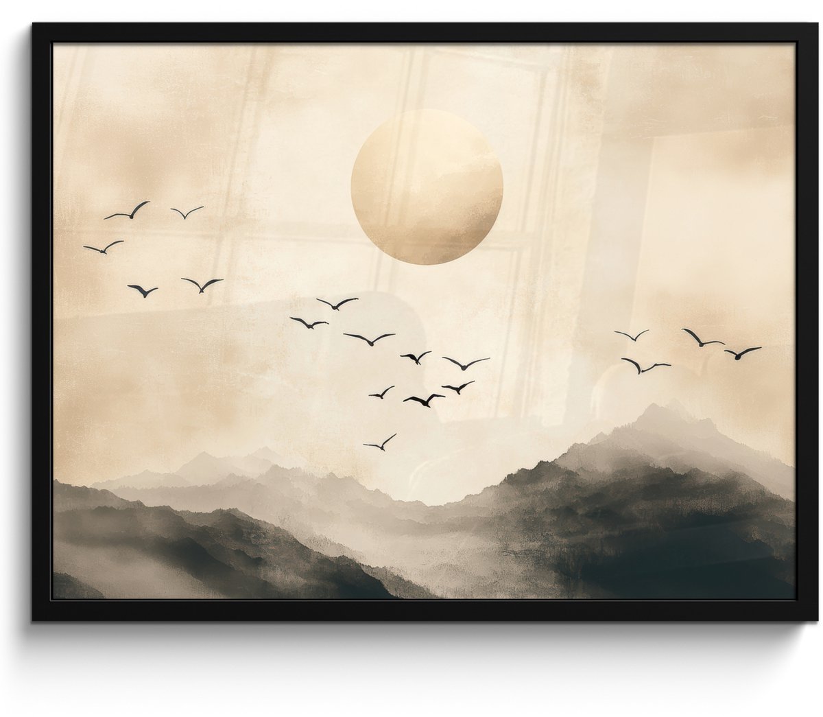 FrameYourWall Poster in lijst - Fotolijst 80x60 cm - Posters - Landschap - Japandi - vogel - Posterlijst zwart - Decoratie - Wanddecoratie woonkamer - Muurdecoratie slaapkamer