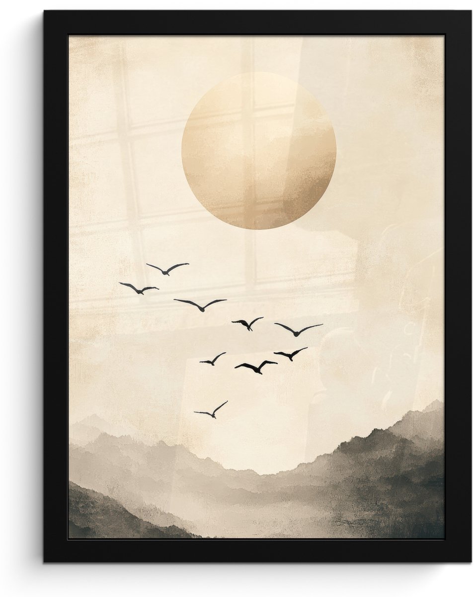 FrameYourWall Poster in lijst - Fotolijst 30x40 cm - Posters - Landschap - Japandi - vogel - Posterlijst zwart - Decoratie - Wanddecoratie woonkamer - Muurdecoratie slaapkamer