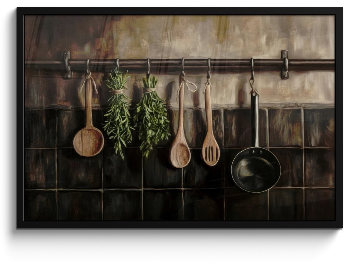 FrameYourWall Poster in lijst - Fotolijst 90x60 cm - Posters - Keukengerei - Rustiek - Tegels - Kruiden - Posterlijst zwart - Decoratie - Wanddecoratie woonkamer - Muurdecoratie slaapkamer Keukengerei - Stilleven