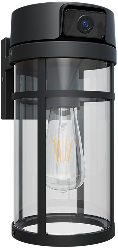 Zwarte buitenlamp met glazen cilinder, zichtbare E27 fitting en ingebouwde camera bovenop.
