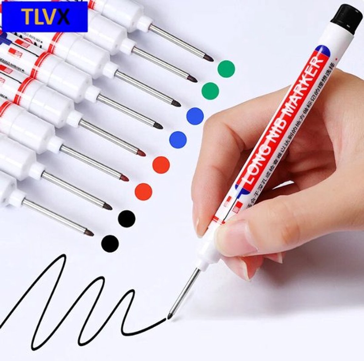 TLVX 5 stuks Verlengde Permanent Marker Zwart, Wit, Rood, Groen, Blauw – Markeerstift Timmerman potlood inkt – Bouw Markering stift – Timmermanspen - 20mm Long Tip Marker – Diep gat marker – Teken Hout, Metaal, Glas, Spiegel, Tegels, Beton, Keramiek