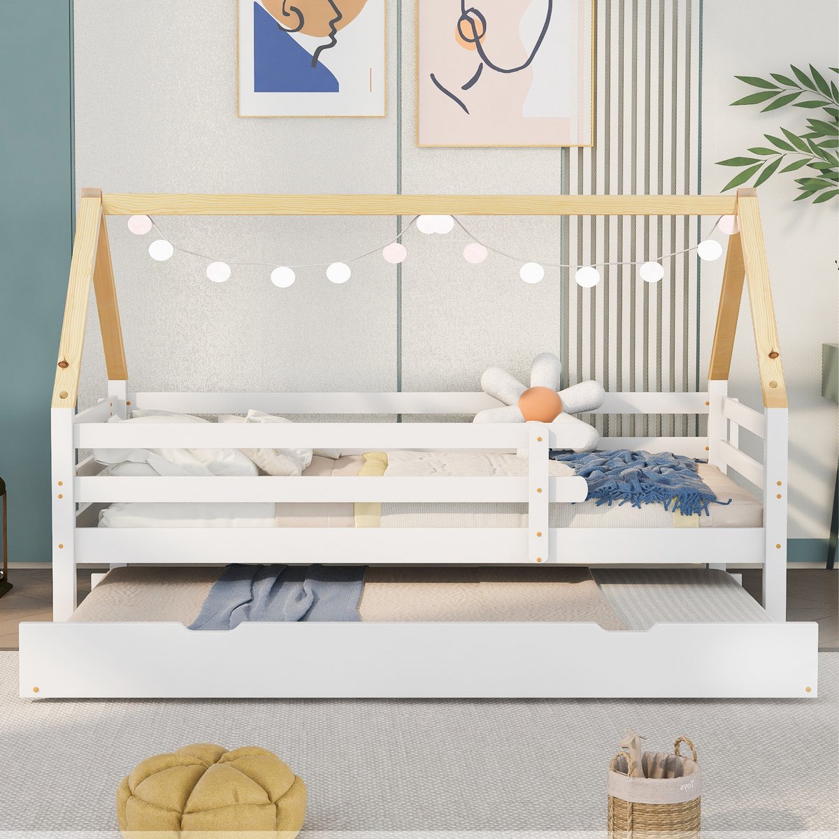 Baumhausbed Dagbed Eenpersoonsbed Kinderbed Uitschuifbed Schuifbed met Rollen onderkant - 90x200 & 90x190 cm - Massief hout - Wit bed - Natuurlijke kleur kapconstructie