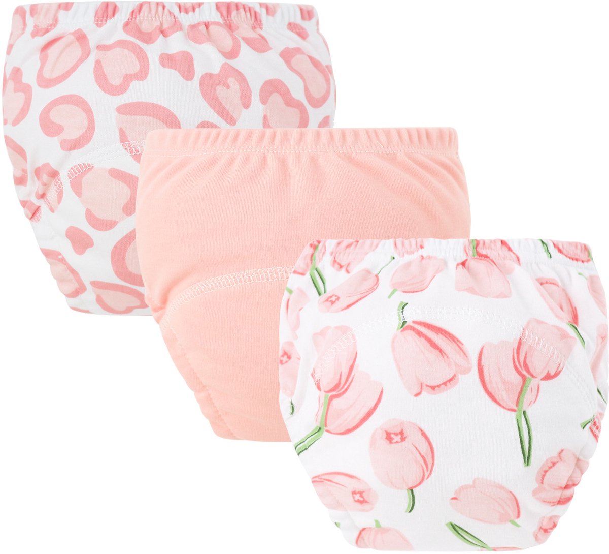 Image of 3-pack baby katoenen trainingsbroekjes - herbruikbare peuter zindelijkheidstraining broekjes - roze hart + champagne + tulp (luiers) - geschikt voor jongens en meisjes van 12-18 kg