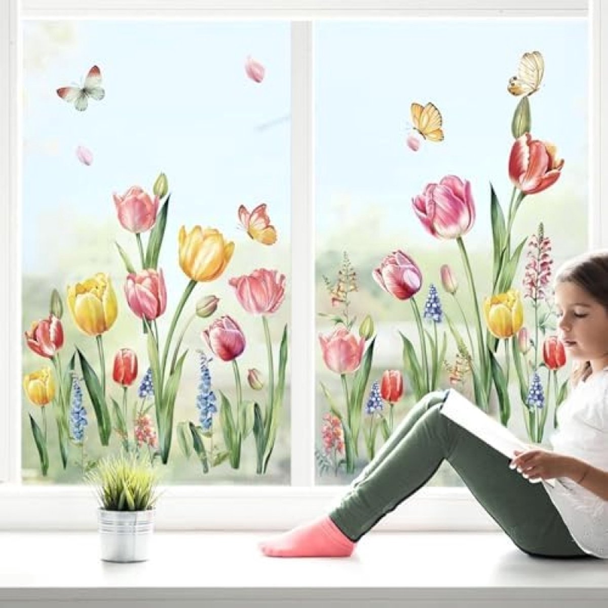 Zomer Tulpen Bloemen Muursticker Set - 8 Vellen Dubbelzijdige Raamstickers voor Binnen - Anti-Botsing Bloemen en Vlinders Decoratie voor Ramen, Deuren en Gladde Oppervlakken