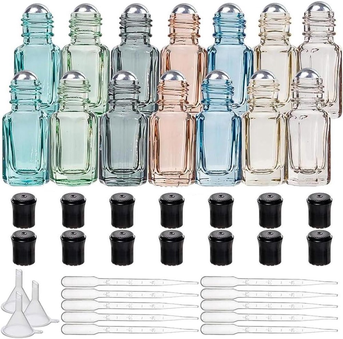 Image of 3 ml Glazen Flessen - Set van 14 Stuks - Met Pipetten en Trechter - In 7 Kleuren