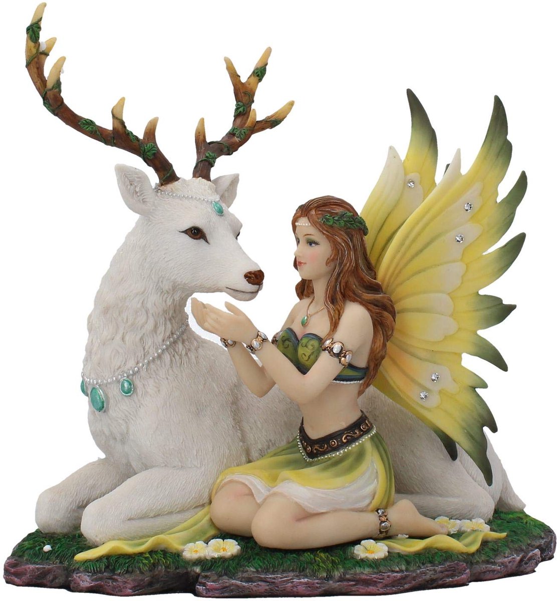 Azomor® Witte decoratieve figuur van een fee en hert met handgeschilderde details