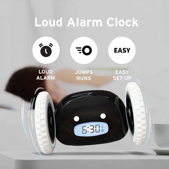 Foto: Luide wekker voor zware slapers op wielen rolt rent weg trilt is gemakkelijk in te stellen superslimme snooze functie digitale bedshaker wekker grappig cadeau voor volwassenen kinderen tieners slaapkamers zwart 