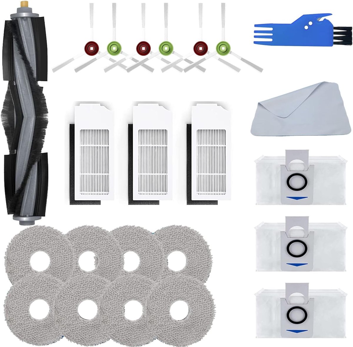 23 stuks reserveonderdelen Geschikt voor Ecovacs DEEBOT X1 Omni, X1e Omni/T10 Omni stofzuigeraccessoireset, 1 hoofdborstel, 6 zijborstels, 3 HEPA-filters, 3 stofzakken, 8 zwarte doekjes en 1