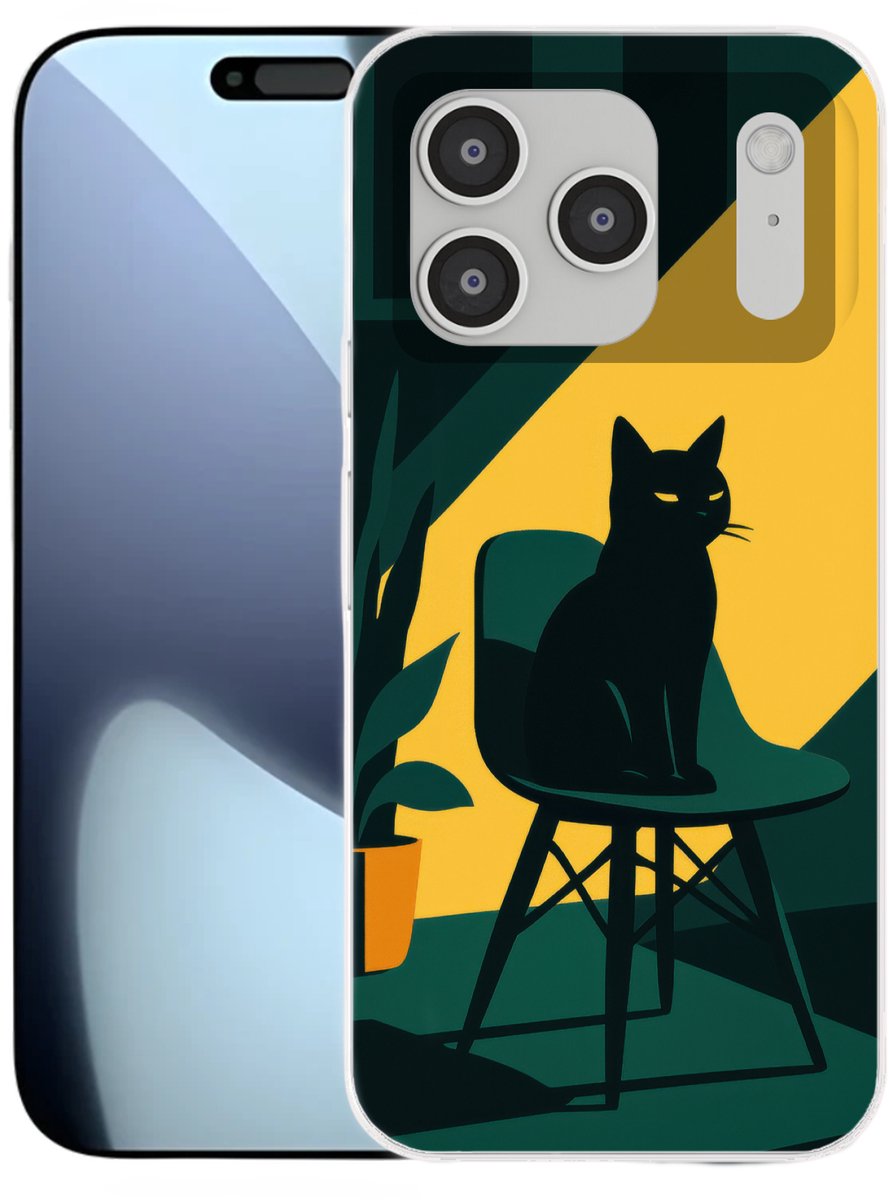 Telefoonhoesje Geschikt voor iPhone 17 Pro hoesje - Zwarte kat - Mysterieus - Gele instraal - Siliconen Telefoonhoesje Telefoonhoesje