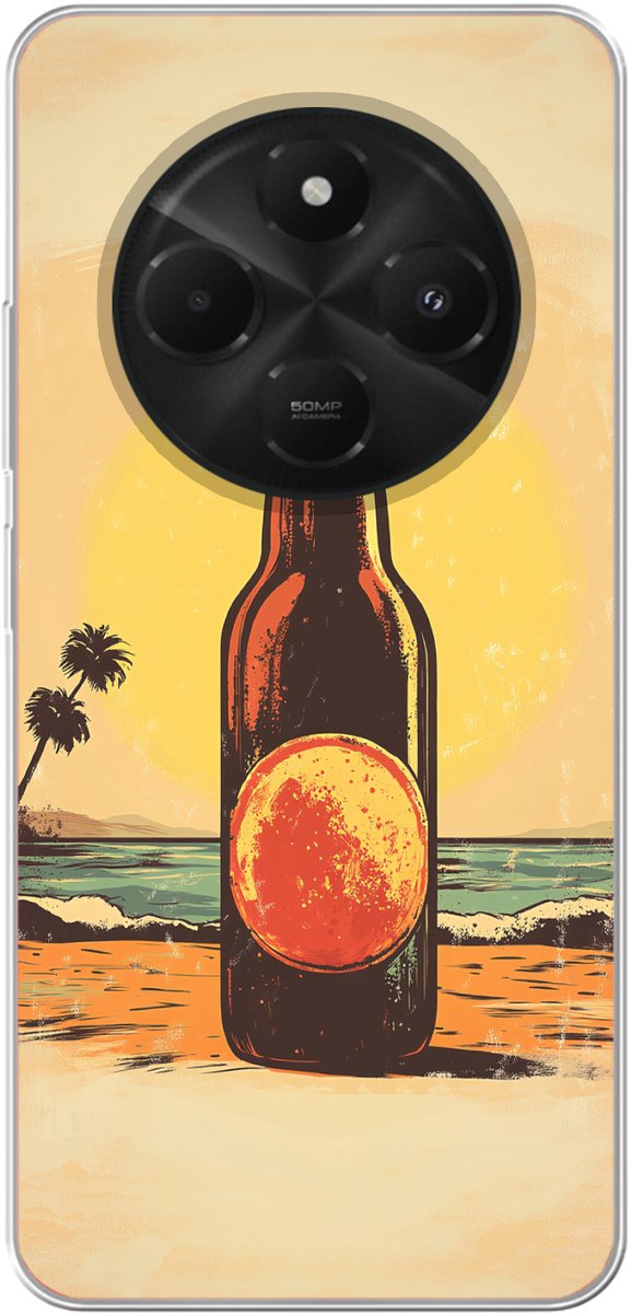 Telefoonhoesje Geschikt voor Xiaomi Geschikt voor Poco C75 hoesje - Bierfles - Zonsondergang - Palmbomen - Zee - Siliconen Telefoonhoesje Telefoonhoesje