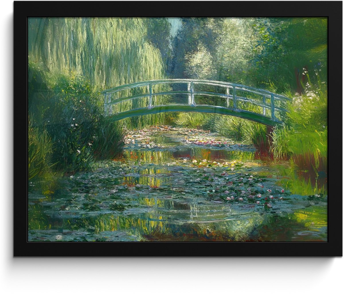 FrameYourWall Poster in lijst - Fotolijst 40x30 cm - Posters - Brug - Hout - Vijver - Waterlelies - Posterlijst zwart - Decoratie - Wanddecoratie woonkamer - Muurdecoratie slaapkamer