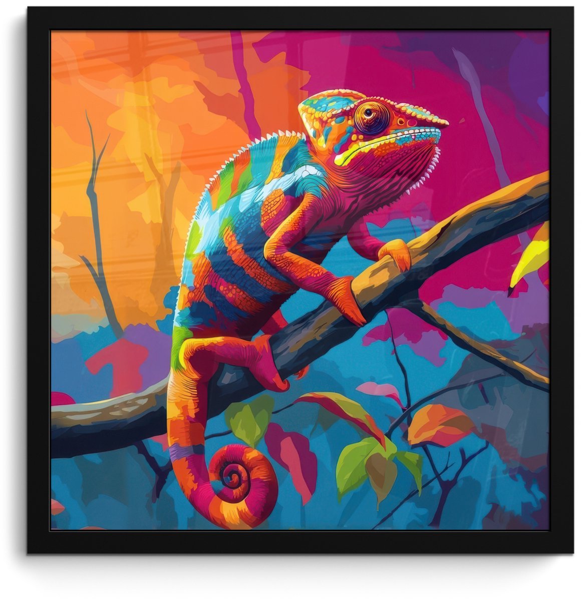 FrameYourWall Poster in lijst - Fotolijst 40x40 cm - Posters - Kameleon - Tak - Gestreept - Bladeren - Posterlijst zwart - Decoratie - Wanddecoratie woonkamer - Muurdecoratie slaapkamer Kameleon - Kleurrijk