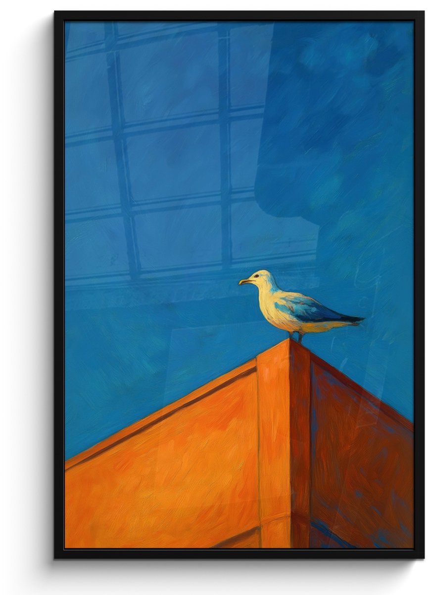 FrameYourWall Poster in lijst - Fotolijst 80x120 cm - Posters - Meeuw - Gebouw - Lucht - Geschilderd - Posterlijst zwart - Decoratie - Wanddecoratie woonkamer - Muurdecoratie slaapkamer