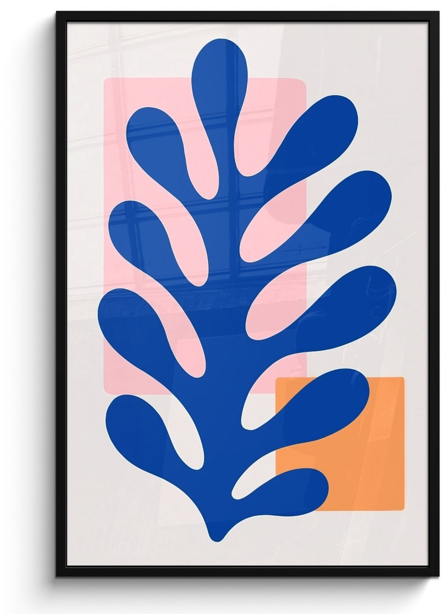FrameYourWall Poster in lijst - Fotolijst 80x120 cm - Posters - Abstract - Blad - Blauw - Rechthoeken - Posterlijst zwart - Decoratie - Wanddecoratie woonkamer - Muurdecoratie slaapkamer