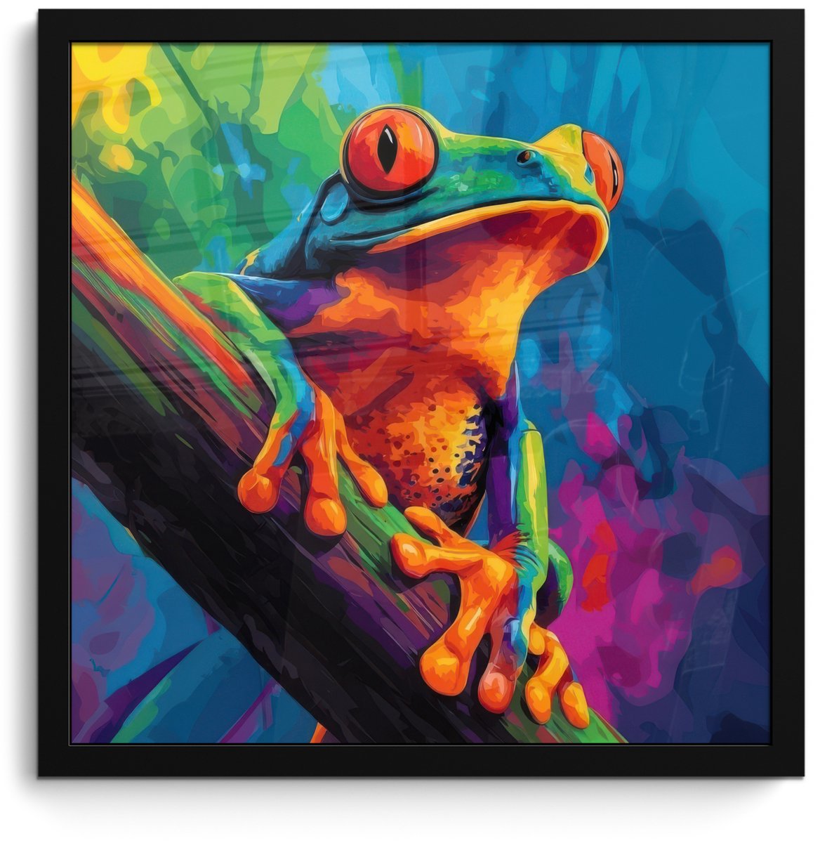 FrameYourWall Poster in lijst - Fotolijst 40x40 cm - Posters - Kikker - Felgekleurd - Tak - Regenboog - Posterlijst zwart - Decoratie - Wanddecoratie woonkamer - Muurdecoratie slaapkamer Kikker - Kleurrijk