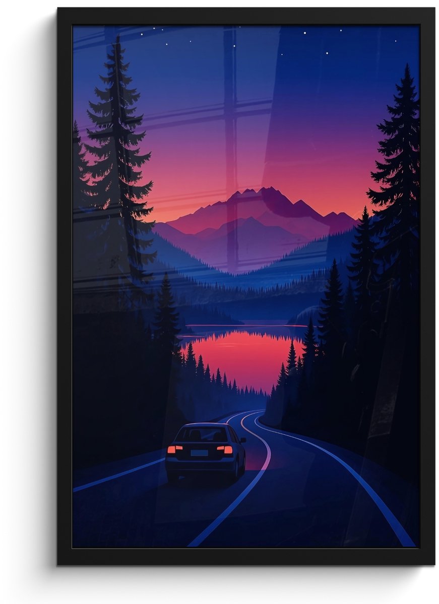 FrameYourWall Poster in lijst - Fotolijst 40x60 cm - Posters - Auto - Donkere dennenbomen - Zonsondergang - Posterlijst zwart - Decoratie - Wanddecoratie woonkamer - Muurdecoratie slaapkamer Auto - Dennenbomen - Zonsondergang