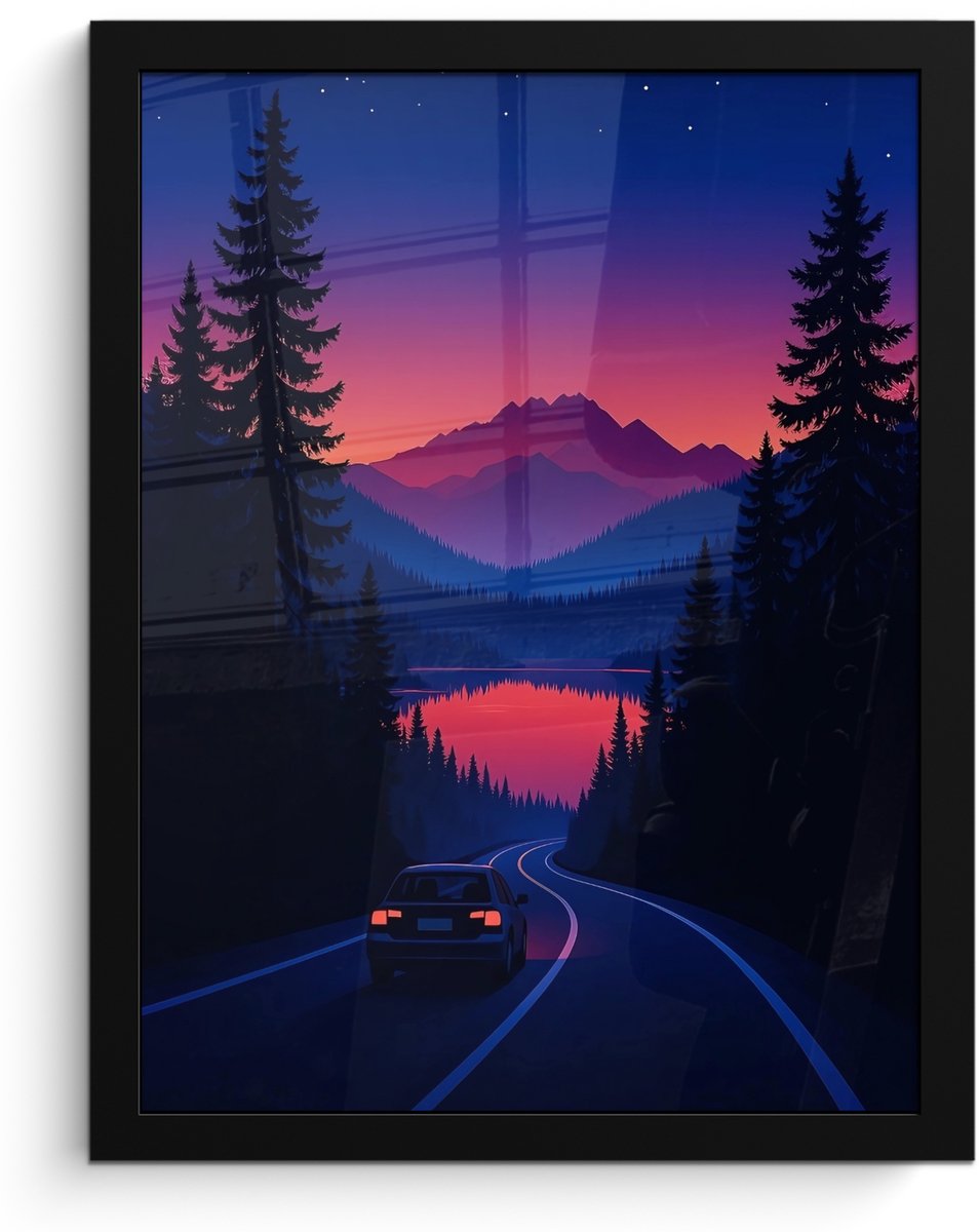 FrameYourWall Poster in lijst - Fotolijst 30x40 cm - Posters - Auto - Donkere dennenbomen - Zonsondergang - Posterlijst zwart - Decoratie - Wanddecoratie woonkamer - Muurdecoratie slaapkamer Auto - Dennenbomen - Zonsondergang
