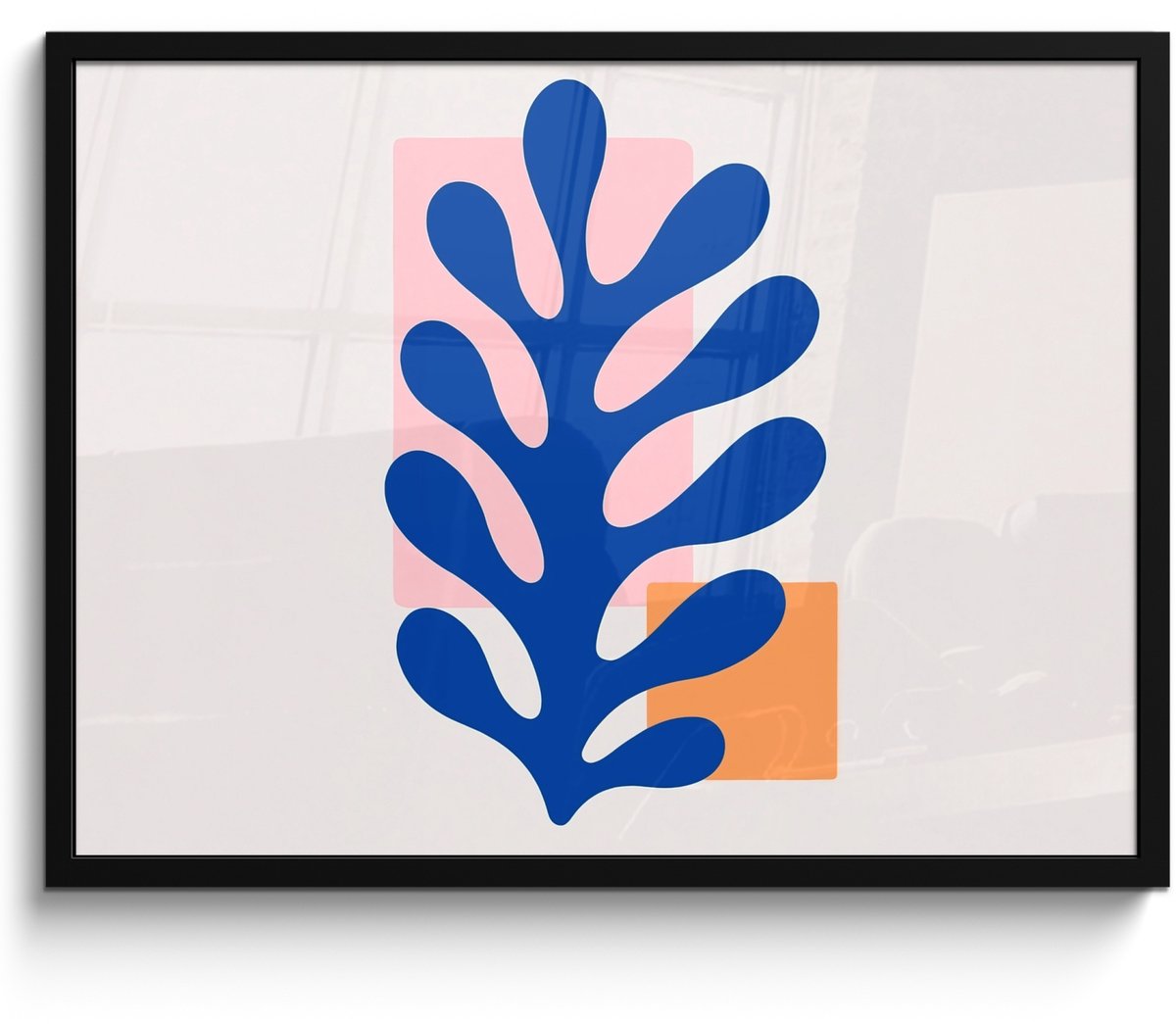 FrameYourWall Poster in lijst - Fotolijst 80x60 cm - Posters - Abstract - Blad - Blauw - Rechthoeken - Posterlijst zwart - Decoratie - Wanddecoratie woonkamer - Muurdecoratie slaapkamer