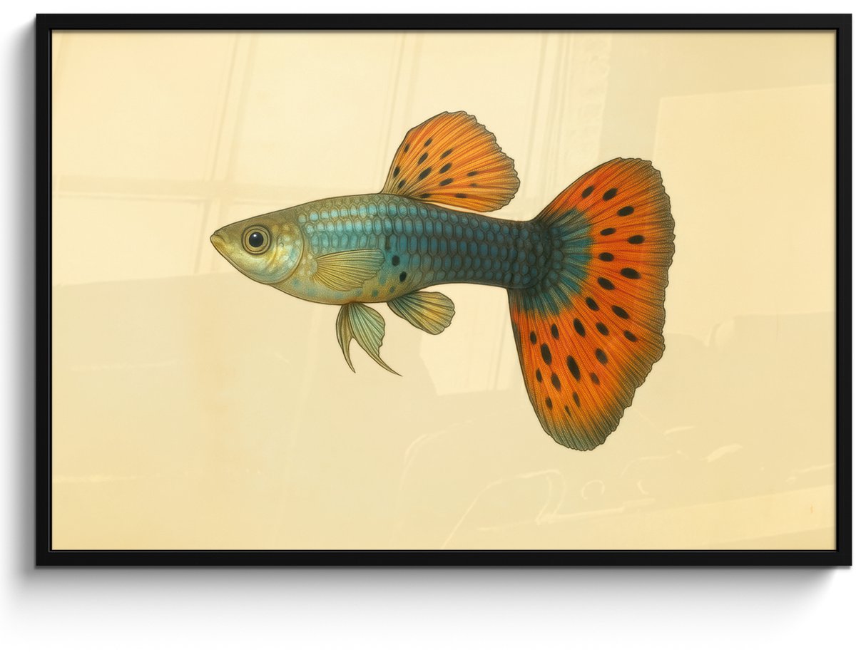FrameYourWall Poster in lijst - Fotolijst 120x80 cm - Posters - Vis - illustratie - Stippen - Oranje - Posterlijst zwart - Decoratie - Wanddecoratie woonkamer - Muurdecoratie slaapkamer