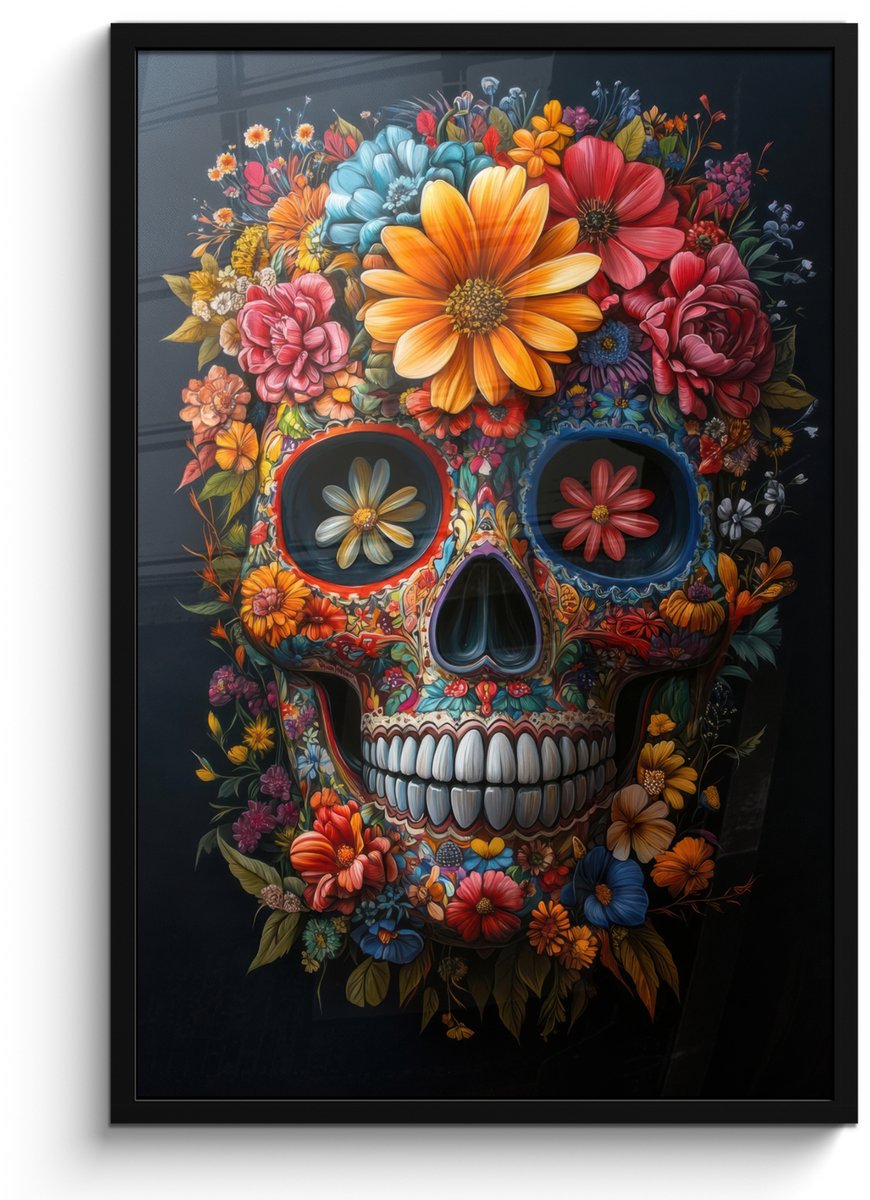 FrameYourWall Poster in lijst - Fotolijst 60x90 cm - Posters - Bloemen - Kleurrijk - Schedel - Posterlijst zwart - Decoratie - Wanddecoratie woonkamer - Muurdecoratie slaapkamer Schedel - Bloemen - Kleurrijk