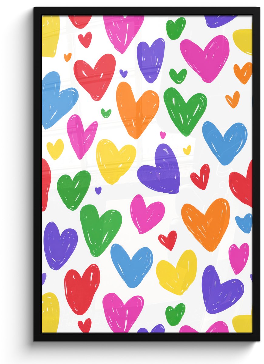 FrameYourWall Poster in lijst - Fotolijst 60x90 cm - Posters - Hartjes - Patroon - Kleurrijk - Tekening - Posterlijst zwart - Decoratie - Wanddecoratie woonkamer - Muurdecoratie slaapkamer Hartjes - Kleurrijk