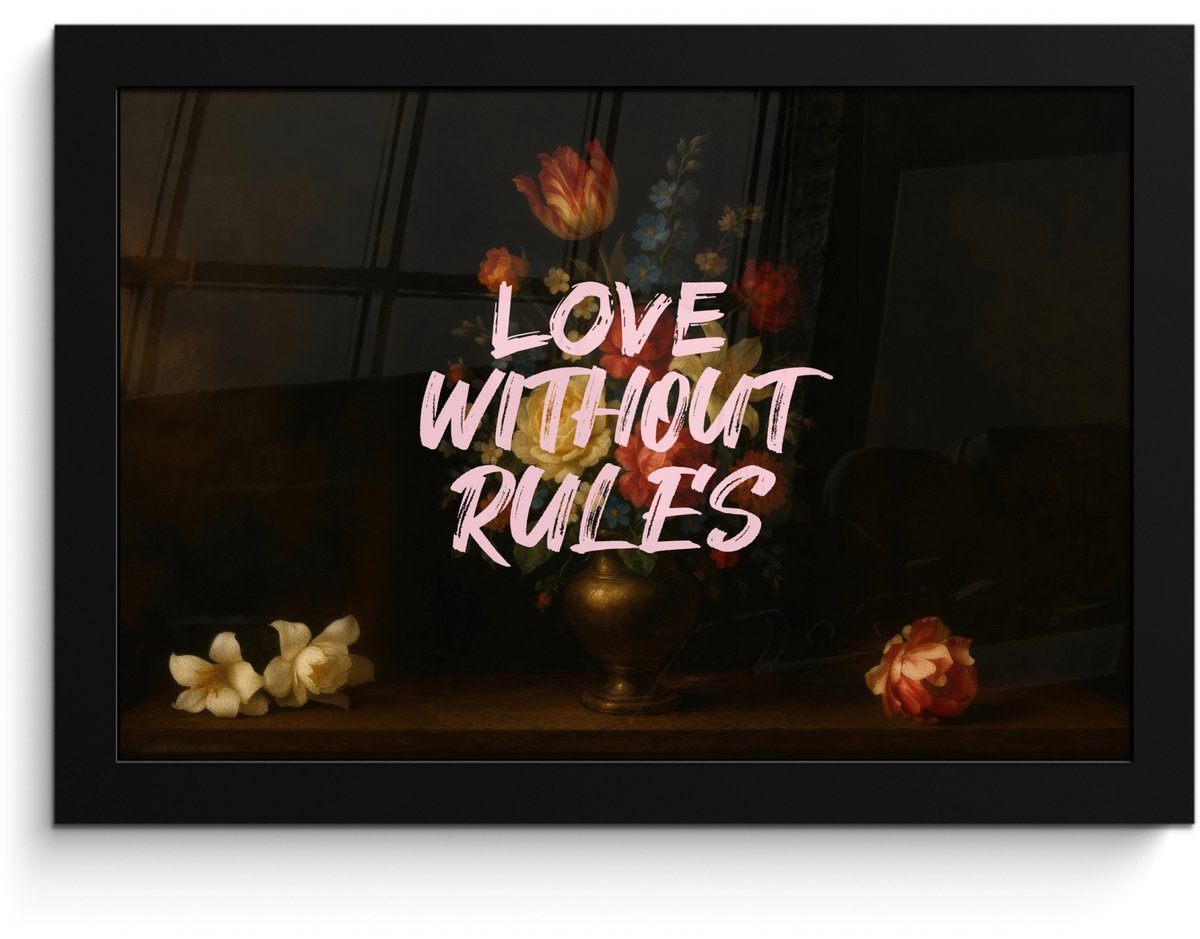FrameYourWall Poster in lijst - Fotolijst 30x20 cm - Posters - Liefde - Modern - Bloemen - Posterlijst zwart - Decoratie - Wanddecoratie woonkamer - Muurdecoratie slaapkamer Love without rules