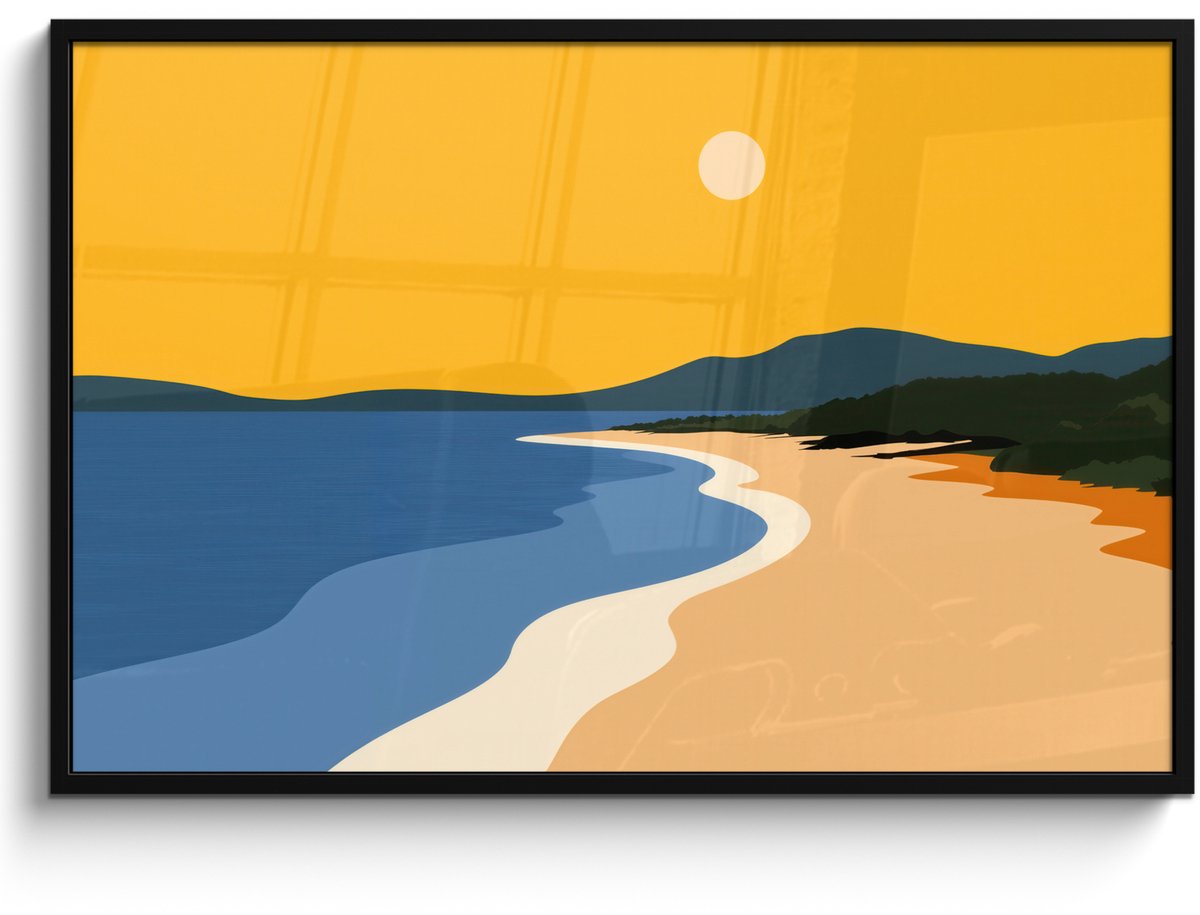 FrameYourWall Poster in lijst - Fotolijst 120x80 cm - Posters - Kustlijn - Oranje lucht - Begroeiing - Posterlijst zwart - Decoratie - Wanddecoratie woonkamer - Muurdecoratie slaapkamer Kustlijn - Zon