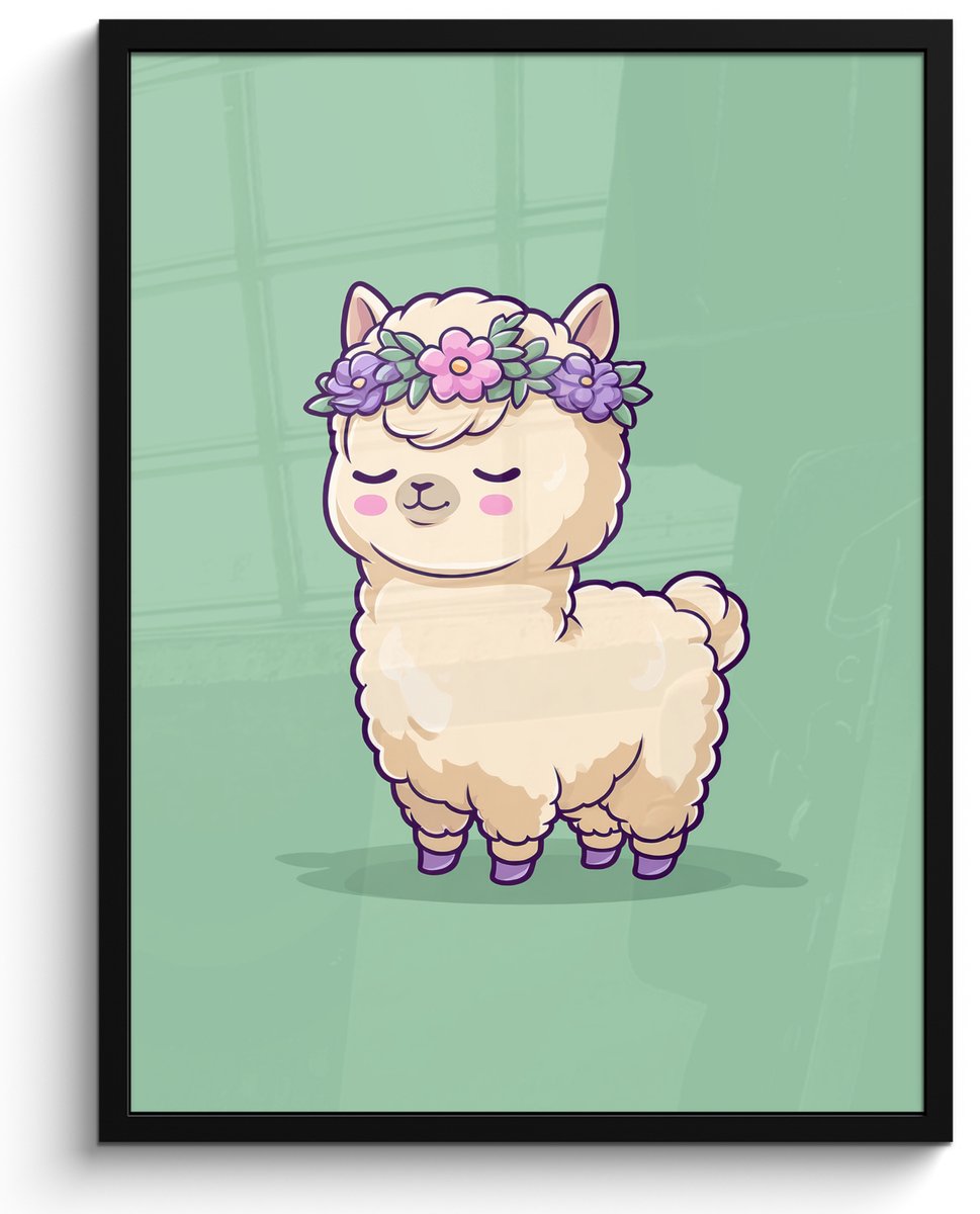 FrameYourWall Poster in lijst - Fotolijst 60x80 cm - Posters - Alpaca - Groen - Bloemendiadeem - Posterlijst zwart - Decoratie - Wanddecoratie woonkamer - Muurdecoratie slaapkamer