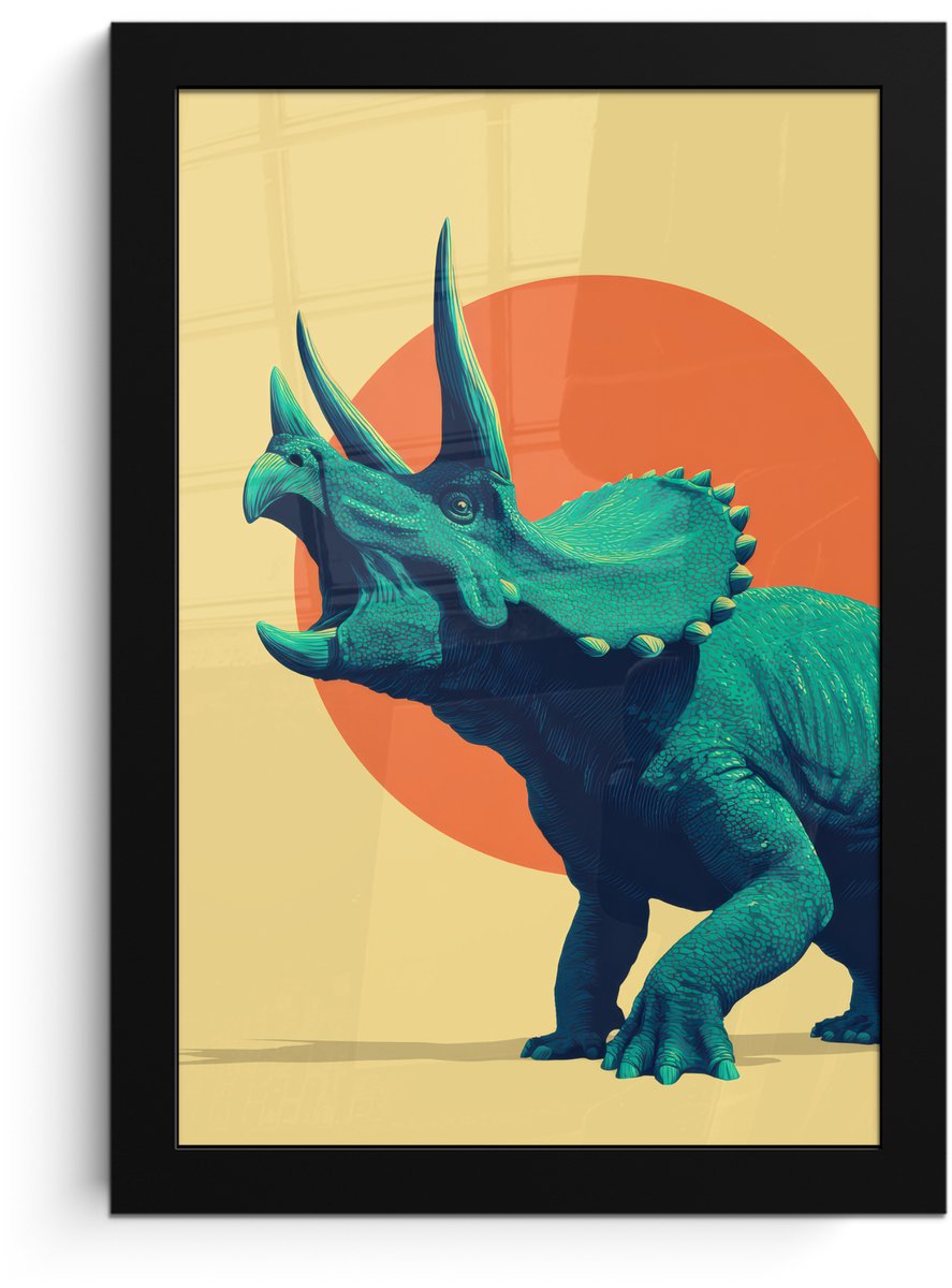 FrameYourWall Poster in lijst - Fotolijst 20x30 cm - Posters - Triceratops - Cirkel - Oranje - Hoorns - Posterlijst zwart - Decoratie - Wanddecoratie woonkamer - Muurdecoratie slaapkamer
