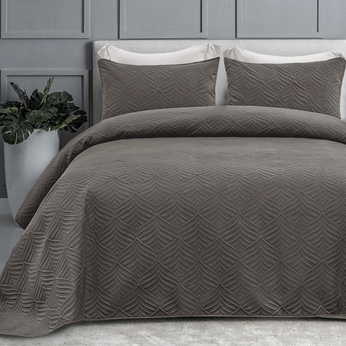 Azomor® Elegante grijze bedsprei met reliëfpatroon en twee bijpassende kussenslopen