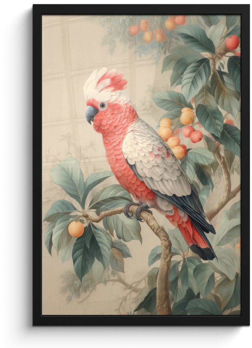 FrameYourWall Poster in lijst - Fotolijst 40x60 cm - Posters - Roze kuifkaketoe - Tak met vruchten - Bladeren - Posterlijst zwart - Decoratie - Wanddecoratie woonkamer - Muurdecoratie slaapkamer Kuifkaketoe - Tak - Vruchten